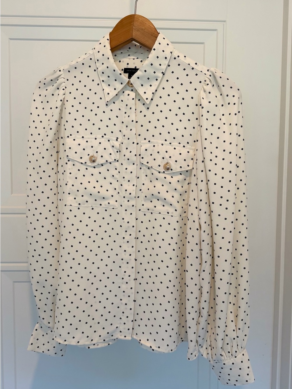 Ann Taylor Cream Blouse with Black Polka Dots